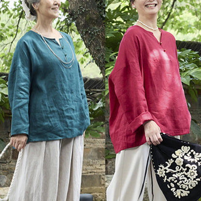Buddha Stones Solid Color Linen Long Sleeve Women's Shirt For Older Adults