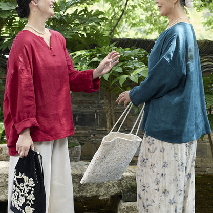 Buddha Stones Solid Color Linen Long Sleeve Women's Shirt For Older Adults
