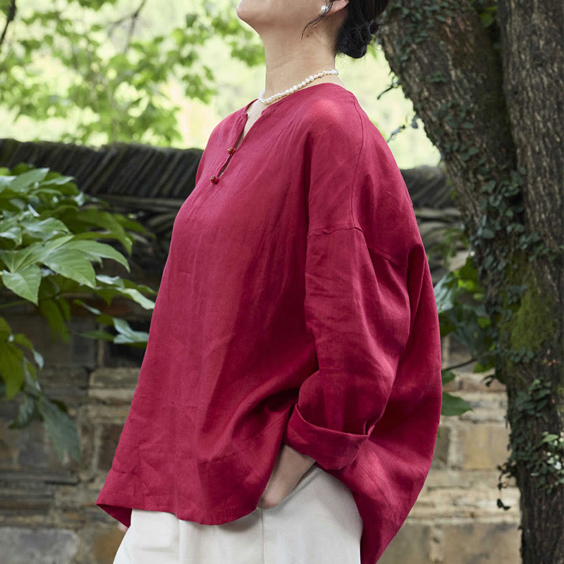 Buddha Stones Solid Color Linen Long Sleeve Women's Shirt For Older Adults