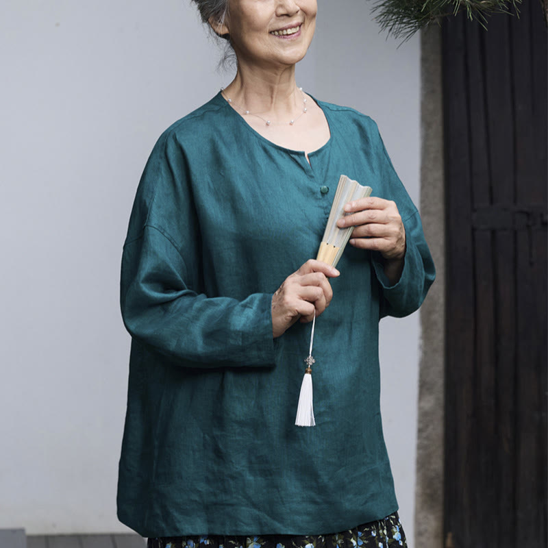 Buddha Stones Solid Color Linen Long Sleeve Women's Shirt For Older Adults