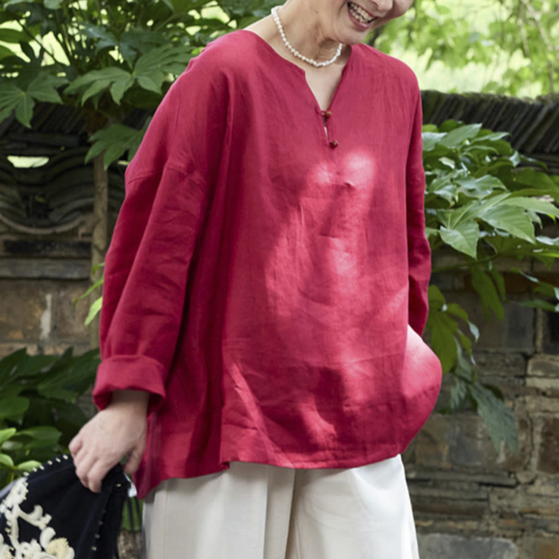 Buddha Stones Solid Color Linen Long Sleeve Women's Shirt For Older Adults