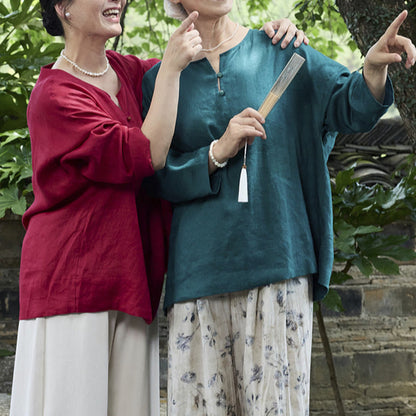 Buddha Stones Solid Color Linen Long Sleeve Women's Shirt For Older Adults