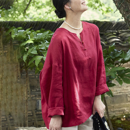 Buddha Stones Solid Color Linen Long Sleeve Women's Shirt For Older Adults