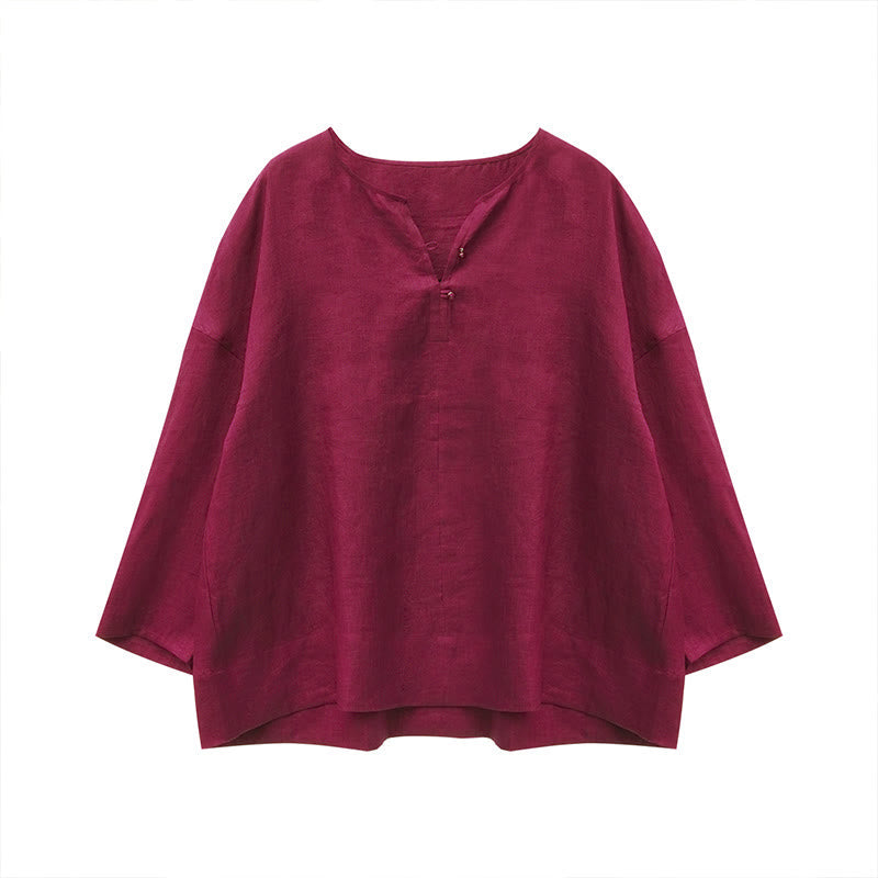 Buddha Stones Solid Color Linen Long Sleeve Women's Shirt For Older Adults