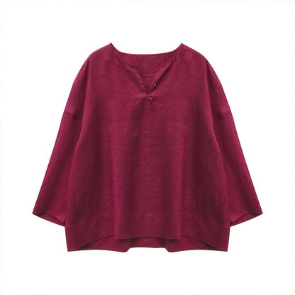 Buddha Stones Solid Color Linen Long Sleeve Women's Shirt For Older Adults