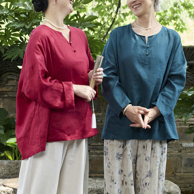 Buddha Stones Solid Color Linen Long Sleeve Women's Shirt For Older Adults