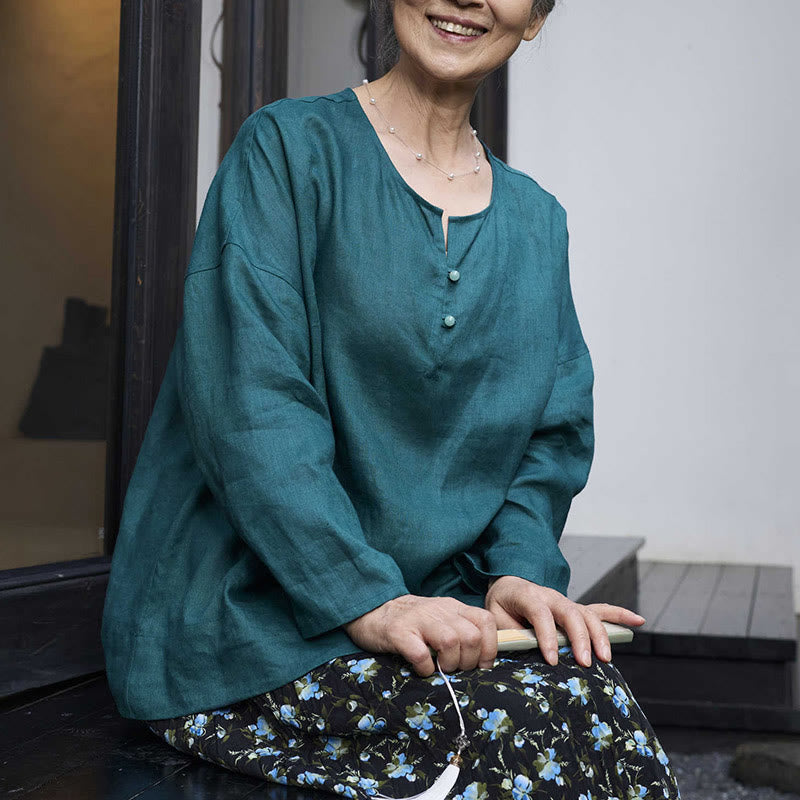 Buddha Stones Solid Color Linen Long Sleeve Women's Shirt For Older Adults