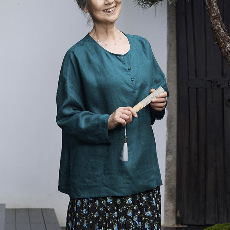 Buddha Stones Solid Color Linen Long Sleeve Women's Shirt For Older Adults