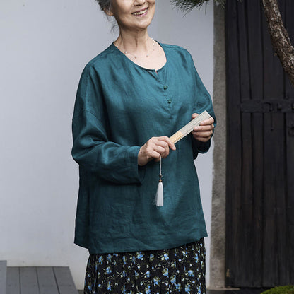 Buddha Stones Solid Color Linen Long Sleeve Women's Shirt For Older Adults