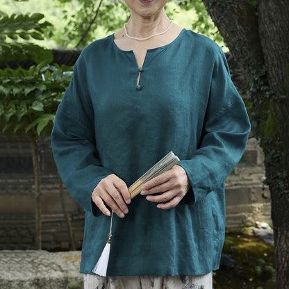 Buddha Stones Solid Color Linen Long Sleeve Women's Shirt For Older Adults
