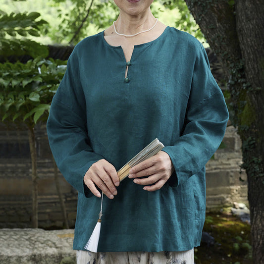 Buddha Stones Solid Color Linen Long Sleeve Women's Shirt For Older Adults