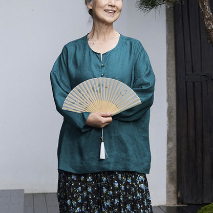Buddha Stones Solid Color Linen Long Sleeve Women's Shirt For Older Adults