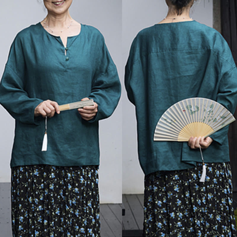Buddha Stones Solid Color Linen Long Sleeve Women's Shirt For Older Adults