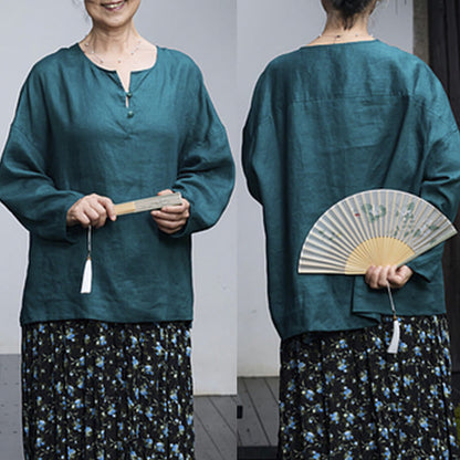 Buddha Stones Solid Color Linen Long Sleeve Women's Shirt For Older Adults
