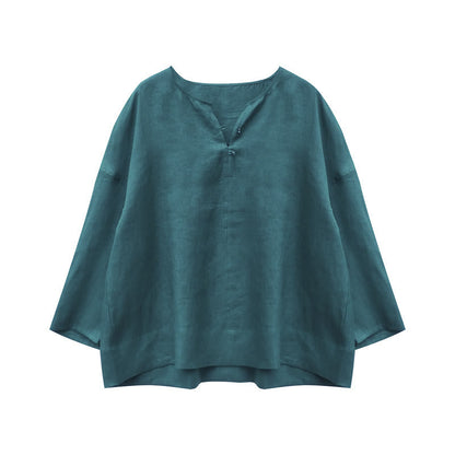 Buddha Stones Solid Color Linen Long Sleeve Women's Shirt For Older Adults