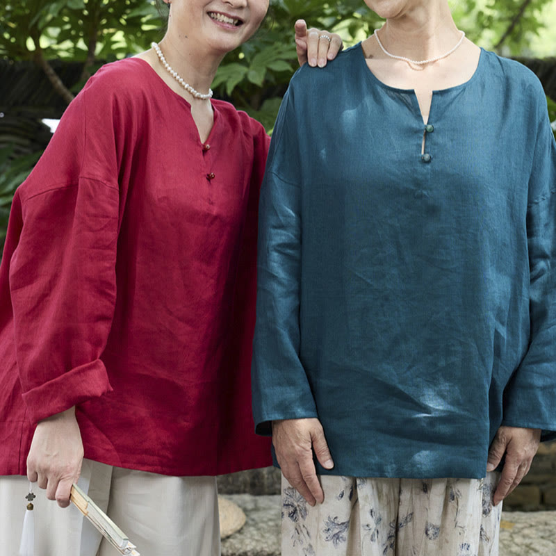 Buddha Stones Solid Color Linen Long Sleeve Women's Shirt For Older Adults
