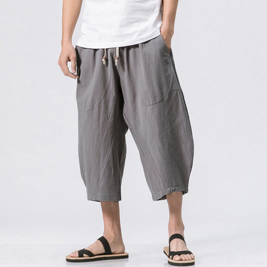 Buddha Stones Summer Casual Simple Plain Design 7-8 Length Men's Drawstring Pants With Pockets