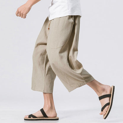 Buddha Stones Summer Casual Simple Plain Design 7-8 Length Men's Drawstring Pants With Pockets