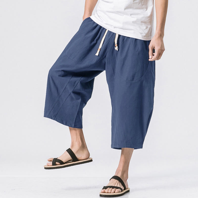 Buddha Stones Summer Casual Simple Plain Design 7-8 Length Men's Drawstring Pants With Pockets