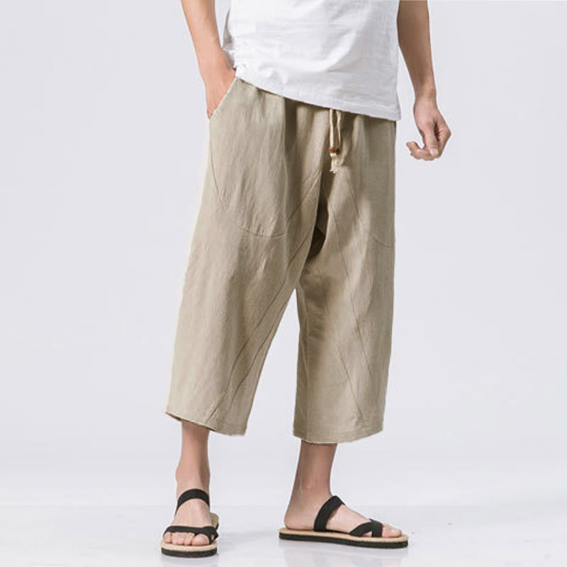 Buddha Stones Summer Casual Simple Plain Design 7-8 Length Men's Drawstring Pants With Pockets