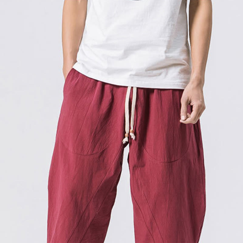 Buddha Stones Summer Casual Simple Plain Design 7-8 Length Men's Drawstring Pants With Pockets