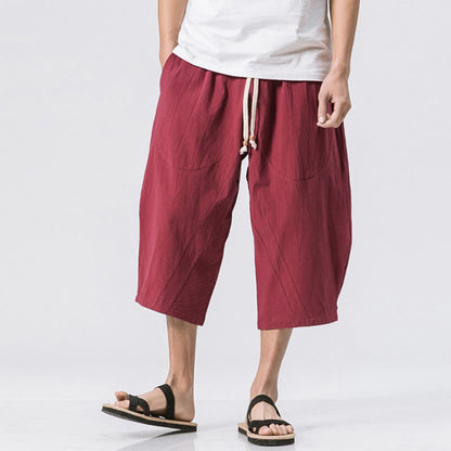 Buddha Stones Summer Casual Simple Plain Design 7-8 Length Men's Drawstring Pants With Pockets