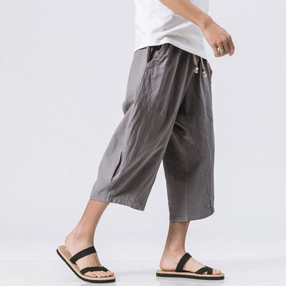 Buddha Stones Summer Casual Simple Plain Design 7-8 Length Men's Drawstring Pants With Pockets