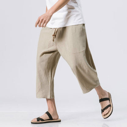 Buddha Stones Summer Casual Simple Plain Design 7-8 Length Men's Drawstring Pants With Pockets