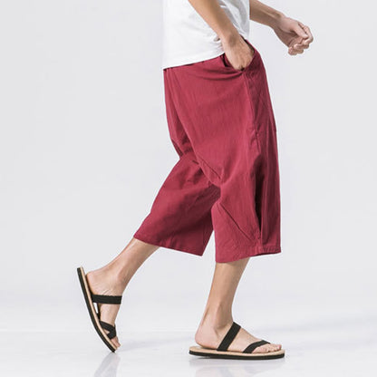 Buddha Stones Summer Casual Simple Plain Design 7-8 Length Men's Drawstring Pants With Pockets