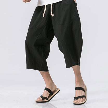 Buddha Stones Summer Casual Simple Plain Design 7-8 Length Men's Drawstring Pants With Pockets