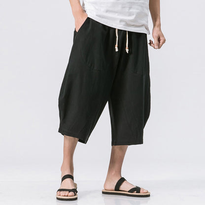 Buddha Stones Summer Casual Simple Plain Design 7-8 Length Men's Drawstring Pants With Pockets