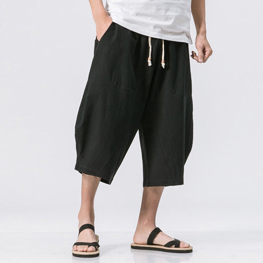 Buddha Stones Summer Casual Simple Plain Design 7-8 Length Men's Drawstring Pants With Pockets