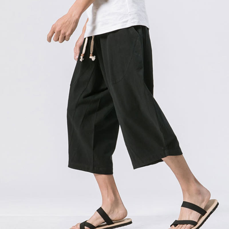 Buddha Stones Summer Casual Simple Plain Design 7-8 Length Men's Drawstring Pants With Pockets