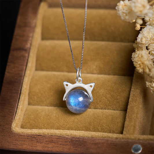 Buddha Stones 925 Sterling Silver Moonstone Cat Healing Necklace Pendant