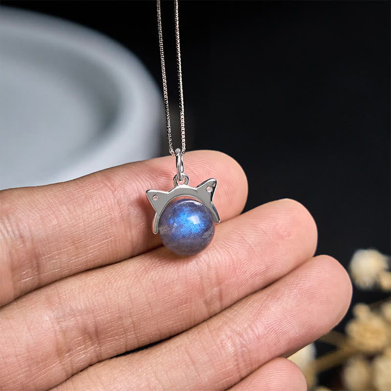 Buddha Stones 925 Sterling Silver Moonstone Cat Healing Necklace Pendant