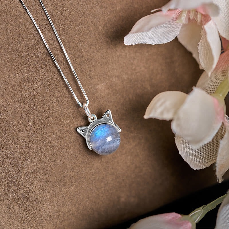 Buddha Stones 925 Sterling Silver Moonstone Cat Healing Necklace Pendant