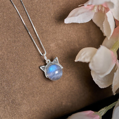 Buddha Stones 925 Sterling Silver Moonstone Cat Healing Necklace Pendant
