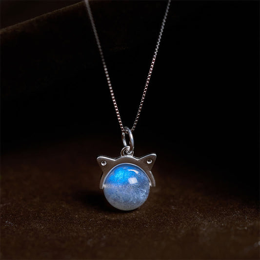 Buddha Stones 925 Sterling Silver Moonstone Cat Healing Necklace Pendant