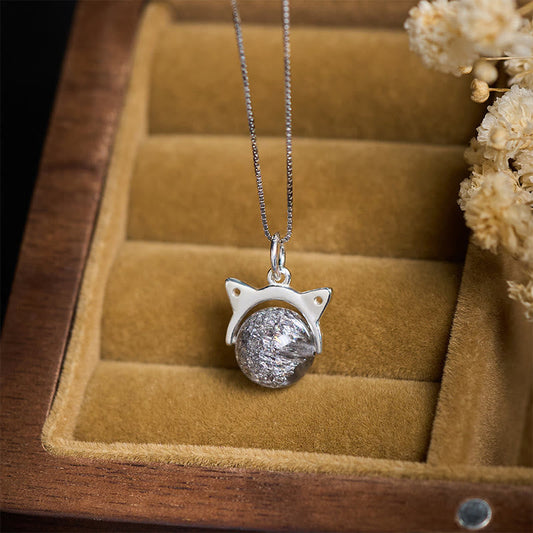 Buddha Stones 925 Sterling Silver Natural Silver Super Seven Crystal Cat Necklace Pendant