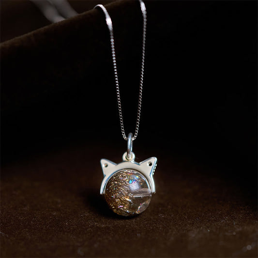 Buddha Stones 925 Sterling Silver Natural Black Super Seven Crystal Cat Necklace Pendant