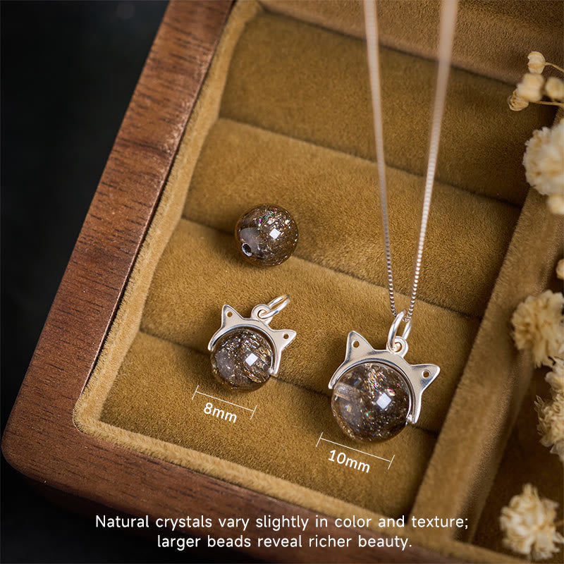 Buddha Stones 925 Sterling Silver Natural Black Super Seven Crystal Cat Necklace Pendant