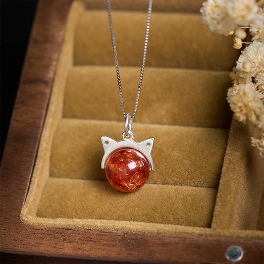 Buddha Stones 925 Sterling Silver Natural Red Super Seven Crystal Cat Necklace Pendant