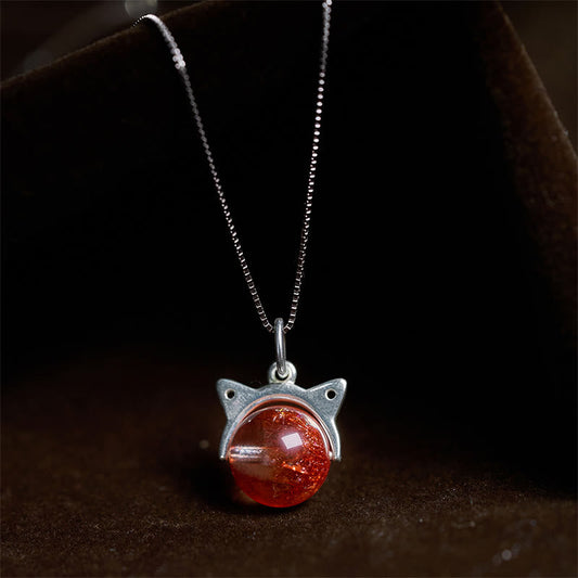 Buddha Stones 925 Sterling Silver Natural Red Super Seven Crystal Cat Necklace Pendant