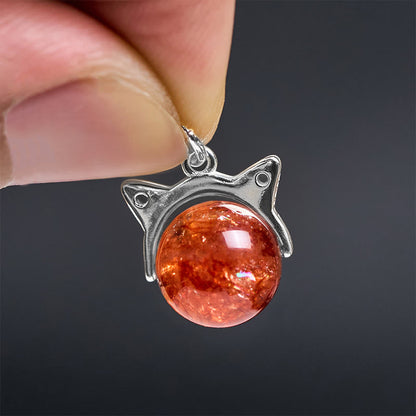 Buddha Stones 925 Sterling Silver Natural Gold Fireworks Super Seven Crystal Cat Necklace Pendant