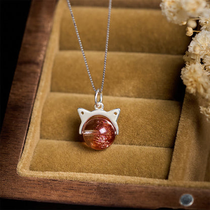 Buddha Stones 925 Sterling Silver Natural Gold Fireworks Super Seven Crystal Cat Necklace Pendant