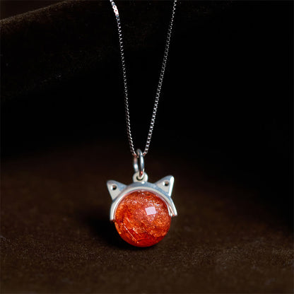 Buddha Stones 925 Sterling Silver Natural Gold Fireworks Super Seven Crystal Cat Necklace Pendant