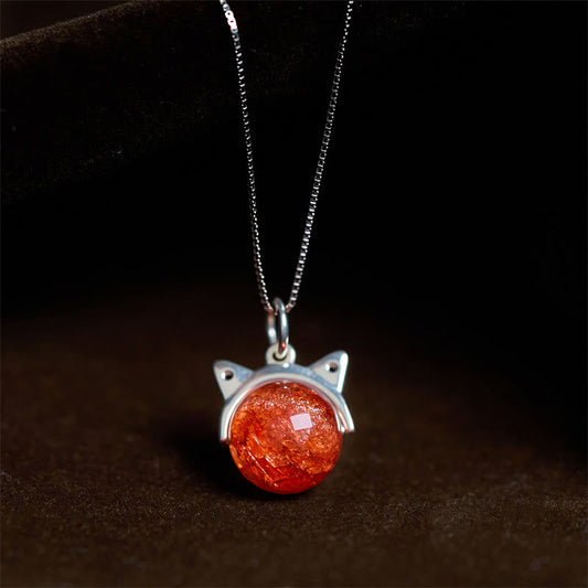 Buddha Stones 925 Sterling Silver Natural Gold Fireworks Super Seven Crystal Cat Necklace Pendant