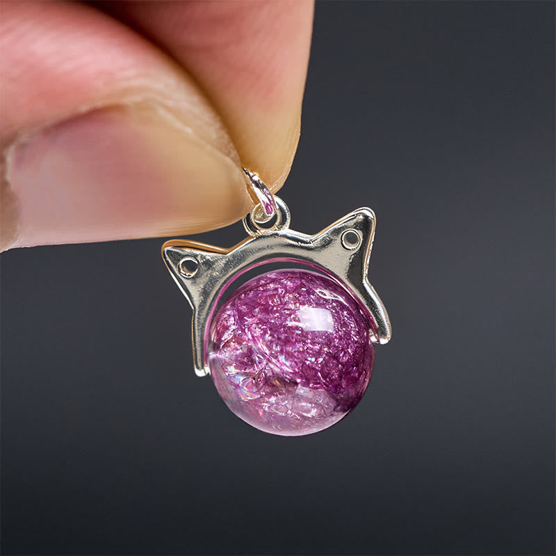 Buddha Stones 925 Sterling Silver Natural Light Purple Fireworks Super Seven Crystal Cat Necklace Pendant