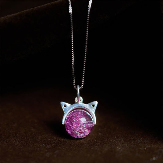 Buddha Stones 925 Sterling Silver Natural Light Purple Fireworks Super Seven Crystal Cat Necklace Pendant