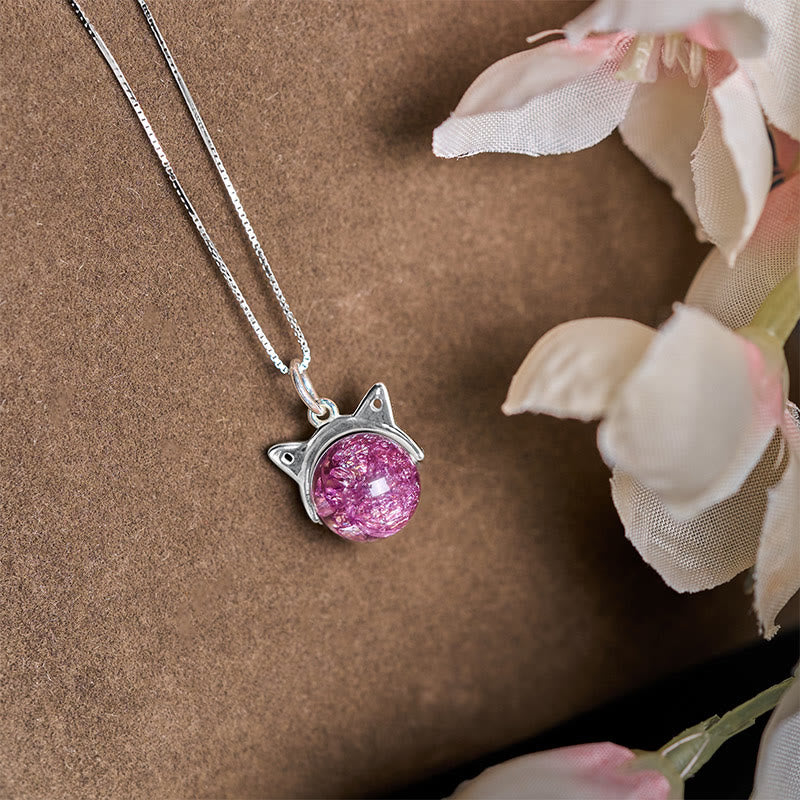 Buddha Stones 925 Sterling Silver Natural Light Purple Fireworks Super Seven Crystal Cat Necklace Pendant